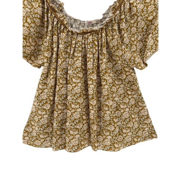 Faherty Blouse Womens Small Brown Floral Linen Blend Boho Peasant Ruffle Smocked - Picture 7 of 10